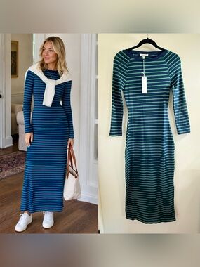 Gilli Teal & Navy Striped Long-Sleeve Maxi Dress
